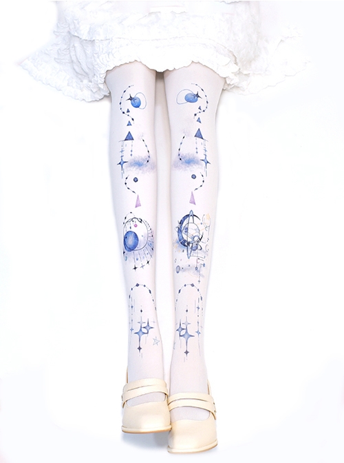 Galaxy Story Theme Pattern Blue Star Shape Printing Cute Girl Lolita White Pantyhose  |  Lolita Socks