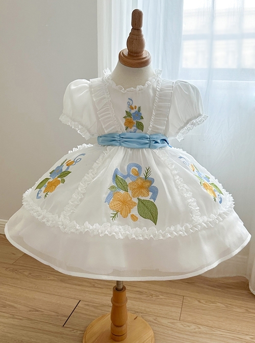 Gardenia Series White Simple Print Summer Cute Puff Sleeve Sweet Lolita Kids Short Sleeve Dress  |  Kids Dresses