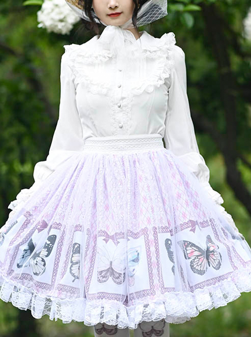 Gentle Butterfly Printing Classic Lolita White Lace Purple Skirt  |  Skirts