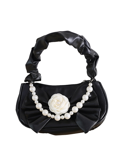 Gentle Elegant French Camellia Dark Style Pearl Chain Shoulder Handheld Versatile Lolita Bag  |  Lolita Bags