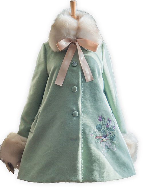 Gentle Pure Color Embroidery Classic Lolita Fur Collar Woolen Coat  |  Coat & Jacket