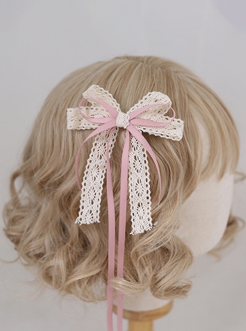 Gentle Temperament Girl Exquisite Daily Versatile Accessory Sweet Lolita Light Pink Ribbon Lace Bowknot Hairpin  |  Lolita Hairpins