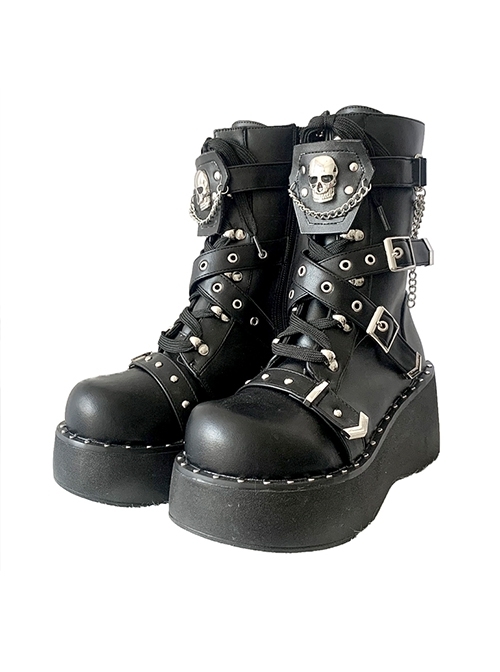 Ghost Rider Series Black Round Head Autumn Winter High Heel Skull Lace Up Punk Lolita Martin Boots  |  Lolita Boots