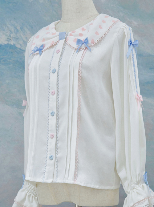 Girlish Heart Series Printing Doll Collar Sweet Lolita White Long Sleeve Bowknot Shirt  |  Blouses