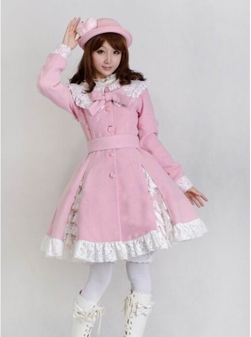 Glamorous Pink Long Sleeves Bow White Lace Lolita Coat  |  Coat & Jacket