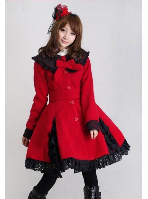 Glamorous Red Long Sleeves Bow Black Lace Lolita Coat  |  Coat & Jacket