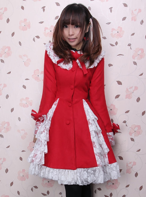 Glamorous Red Long Sleeves Bow White Lace Lolita Coat  |  Coat & Jacket