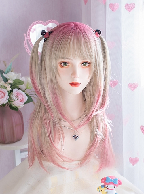 Golden Pink Gradient Y2K Landmine Flat Bangs Long Layered Hair Sweet Lolita Matte Full Head Wig  |  Wigs