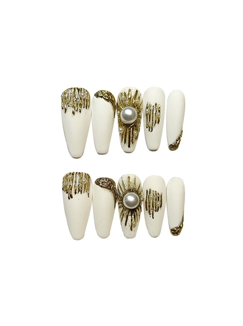 Golden Sun Pearl Decorative Hand-Painted Detachable Finished Long Manicure Nail Pieces  |  Nails