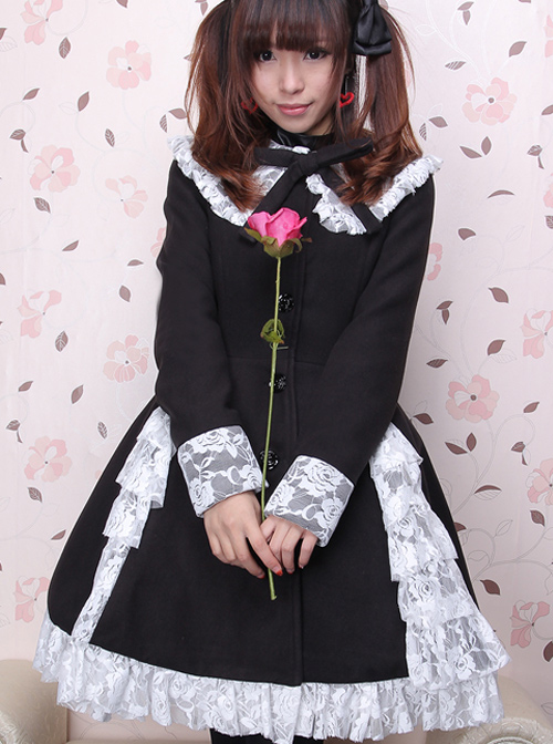 Gorgeous Black Long Sleeves Bow White Lace Lolita Coat  |  Coat & Jacket