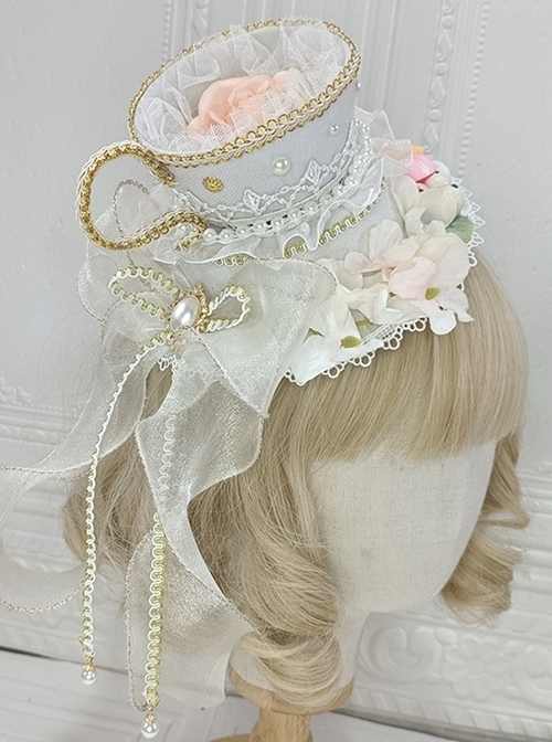 Gorgeous Court Tea Party Bead Chain Lace Bow-Knot Decoration Teacup Rose Classic Lolita Top Hat Hair Clip  |  Lolita Hairpins