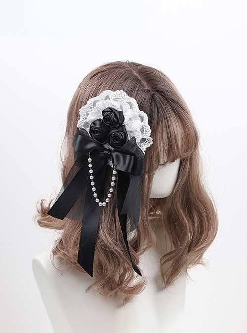 Gorgeous Elegant Lady Handmade Black Ribbon Bowknot Rose Pearl Chain White Lace Classic Lolita Brooch  |  Lolita Hairpins