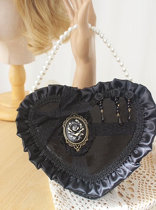 Gorgeous Exquisite Hard Girl Style Heart Shape Lace Bowknot Ruffles Pearl Pendant Gothic Lolita Crossbody Bag  |  Lolita Bags