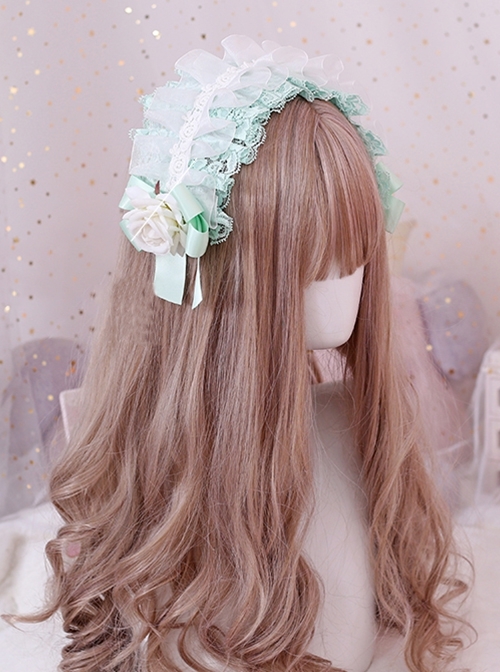 Gorgeous Exquisite Satin Rose Fresh Mint Green Versatile Cute Flower Lace Bowknot Sweet Lolita Headband  |  Lolita Headbands