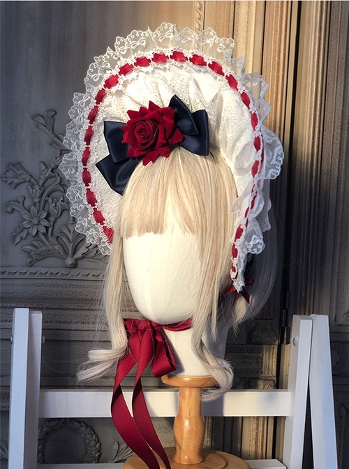 Gorgeous Lace Red Velvet Rose Ribbon Paneled Bow Tie Classic Lolita Headband  |  Lolita Headbands