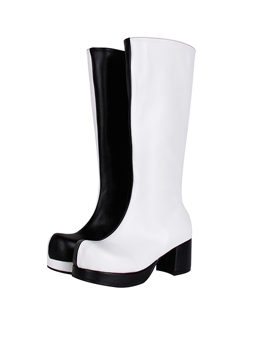 Gothic Big Round Head Black And White Personality Zipper Tall Boots  |  Gothic & Punk Footwear