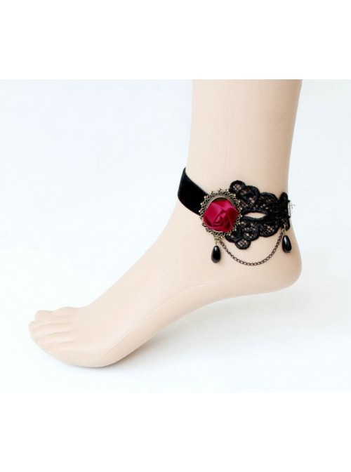 Gothic Black Beaded Floral Lady Lolita Ankle Belt  |  Lolita Ankle Belts