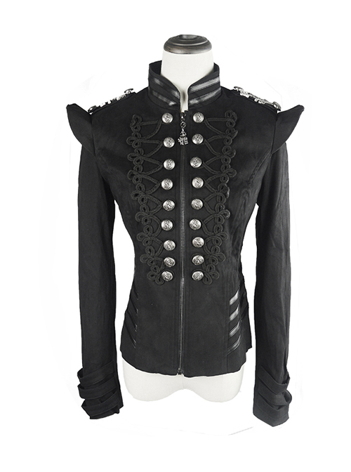 Gothic Black Embroidery Metal Military Uniform Clasp Stand Collar Slim Fit Short Jacket For Women  |  Gothic & Punk Coats & Jackts