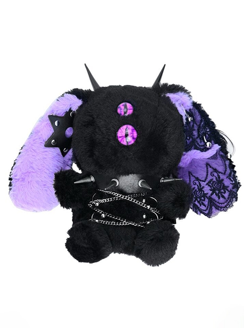 Gothic Black Purple Plush Devil Rabbit One-Eyed Vertical Pupil Lace Rivet Metal Chain Decoration Halloween Messenger Bag  |  Gothic & Punk Bags