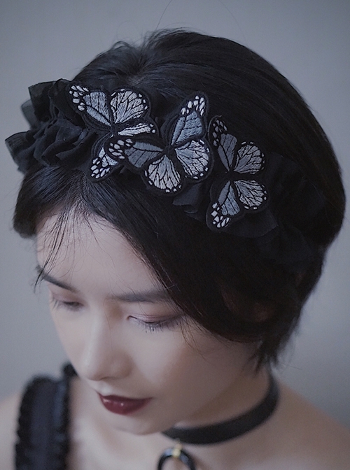 Gothic Black Ruffle Dream Embroidered Butterfly Gothic Lolita Headband  |  Lolita Headbands