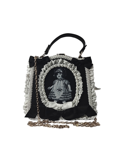 Gothic Black-White Antique Doll Newspaper Print Pearl Lace Decorate Gothic Lolita Shoulder Portable Bag  |  Lolita Bags