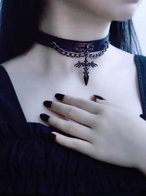 Gothic Black Wings Crucifix Metal Chain PU Halloween Goth Lolita Necklace  |  Lolita Necklaces