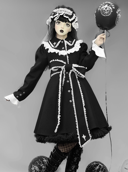 Gothic Cross White Lace Slim Black Lolita Coat  |  Gothic & Punk Coats & Jackts