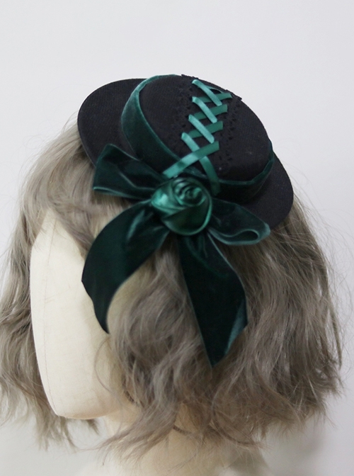 Gothic Dark Green Velvet Bow-Knot Rose Retro Gothic Lolita Small Topper Hairpin  |  Lolita Hairpins