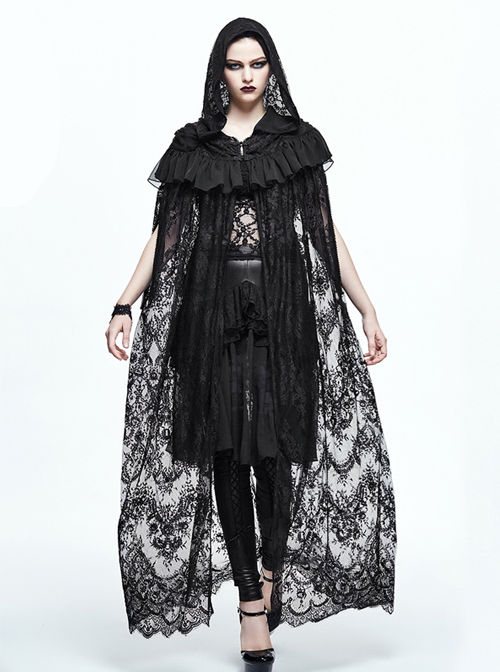 Gothic Halloween Black Lace Witch Perspective Hooded Long Cloak  |  Gothic & Punk Coats & Jackts