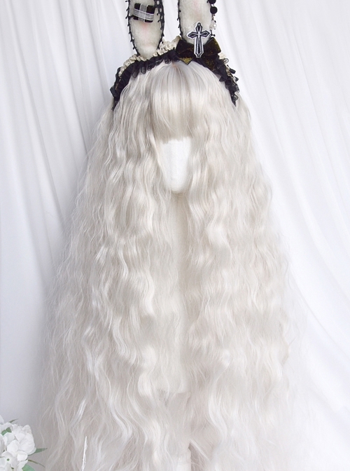 Gothic Lolita Silver White Water Ripple Wool Roll 100cm Long Curly Hair Wig  |  Wigs