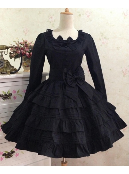 Gothic Long Sleeves Black Cotton Lolita Dress  |  Plus Size Lolita Dresses