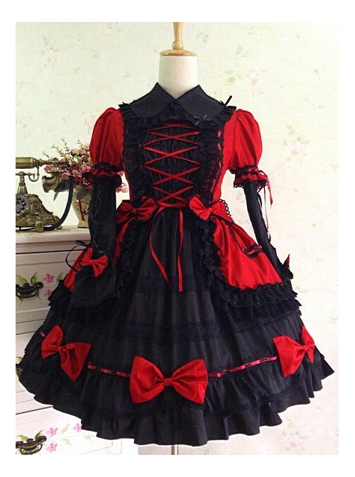 Gothic Long Sleeves Red And Black Lace Cotton Lolita Dress  |  Plus Size Lolita Dresses