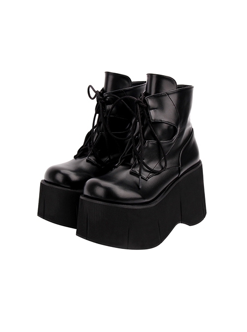 Gothic Punk Cool Stylish Daily Street Black Laces Thick Bottom Wedge Heels Lolita Short Boots  |  Lolita Boots