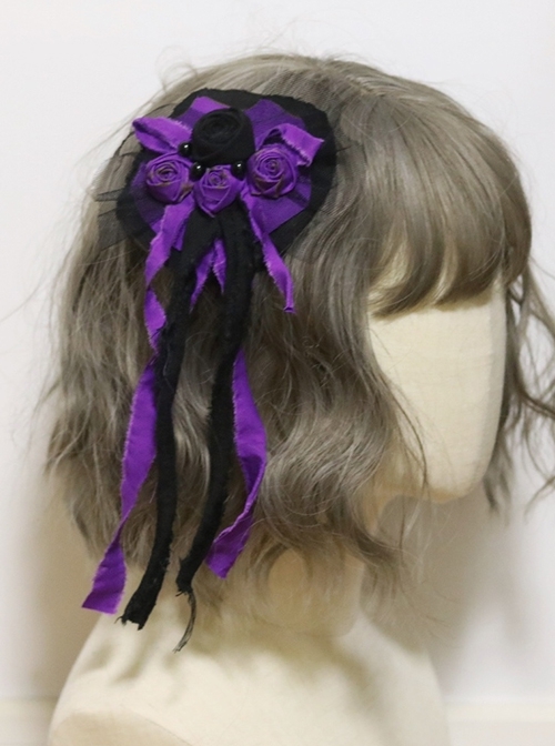 Gothic Style Black Purple Burnt Roses Gauze Mesh Black Beads Decorate Distressed Streamers Gothic Lolita Hairpin  |  Lolita Hairpins