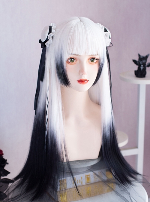 Gothic Style Black White Gradient Qi Bangs Natural Long Straight Hair Classic Lolita Wig  |  Wigs