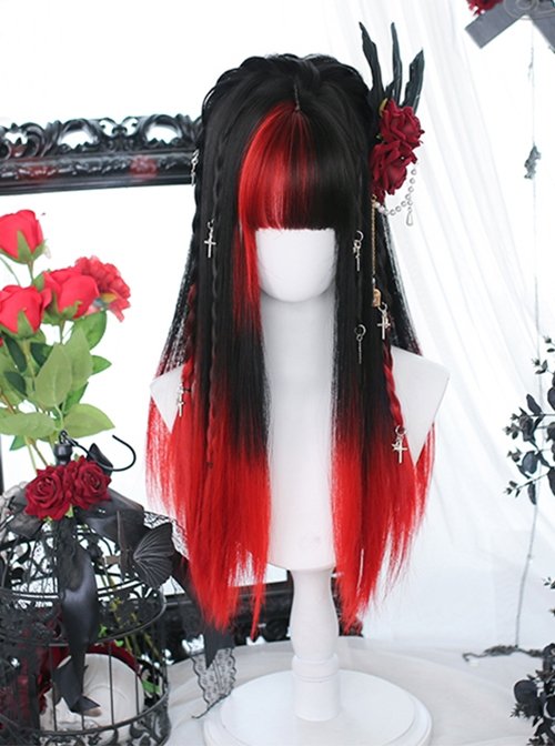 Gothic Style Dark Red And Black Qi Liuhai Lolita Long Straight Hair Wig  |  Wigs