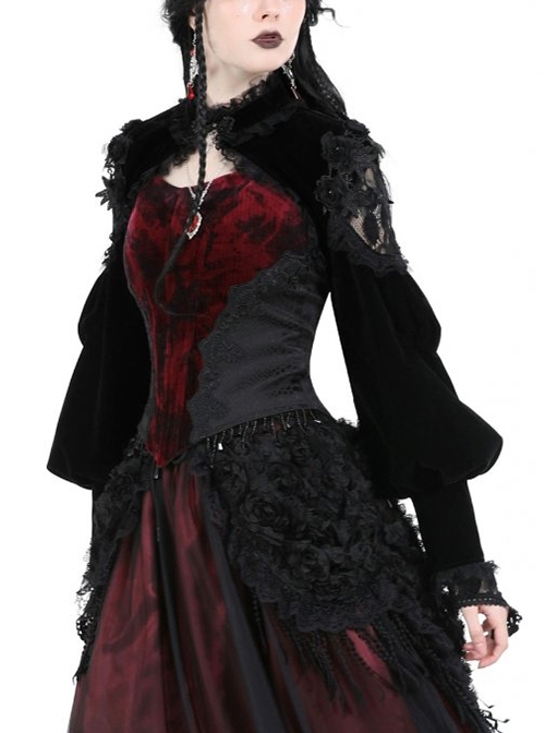 Gothic Style Elegant Velvet Retro Gigot Sleeve Hollow Lace Splicing Stand Collar Button Black Shawl  |  Gothic & Punk Coats & Jackts