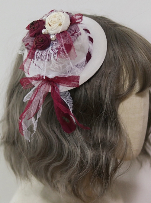 Gothic Style Red  White Dry Rose Pearl Hole Lace Small Hat Sweet Lolita Bow Hairpin  |  Lolita Hairpins