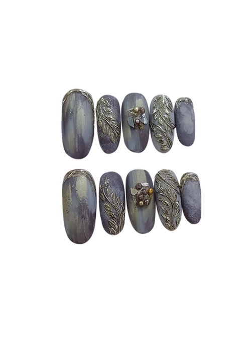 Gradient Metallic Color Hand-Painted Leaves Pearl Decoration Detachable Finished Long Nail Pieces  |  Nails