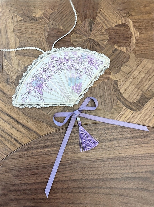 Grape Hyacinth Series Elegant Floral Embroidery Classic Lolita Bowknot Tassel Lace Fan Pendant Necklace  |  Lolita Necklaces