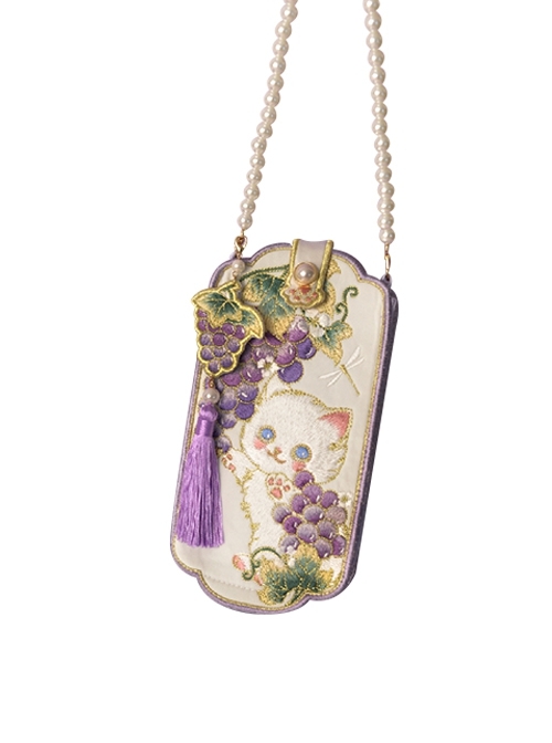 Grape Meow Series Ancient Embroidered Cute White Cat Hanfu Chinese Style Kawaii Fashion Convenient Crossbody Phone Bag  |  Lolita Bags