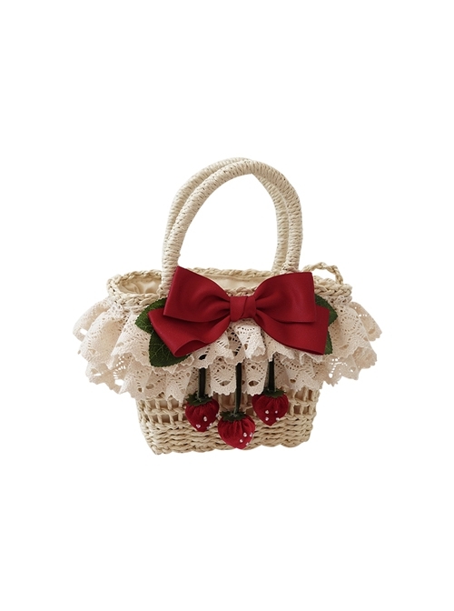 Grass Woven Pastoral Style Spring Outing Bowknot Lace Decoration Strawberry Sweet Lolita HandBag  |  Lolita Bags