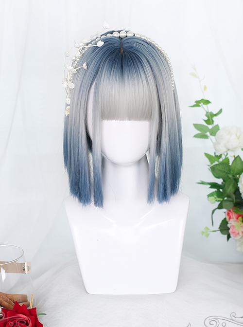 Gray Blue Natural Gradient Short Straight Wig Gothic Lolita Wigs  |  Wigs