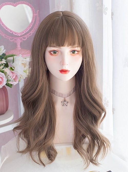 Gray Brown Natural Simulation Girl Fashion Qi Bangs Long Curly Hair Classic Lolita Wig  |  Wigs