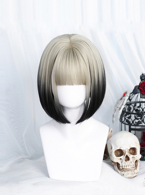 Gray Gradient Black Natural Fluffy Inner Buckle Short Wig Gothic Lolita Wigs  |  Wigs