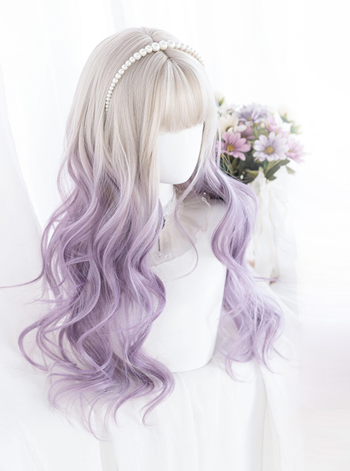 Gray Gradient Purple Classic Lolita Big Wave Long Curly Wigs  |  Wigs