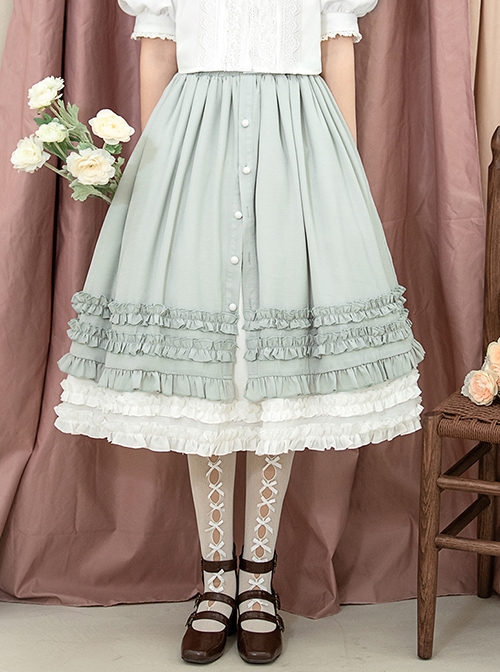 Gray-Green Simple Pleated Hem Single Row Button Decoration Classic Lolita Elegant Long Skirt  |  Skirts