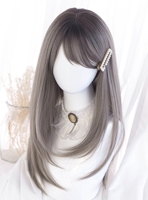 Gray Oblique Bangs Medium Long Natural Straight Wig Classic Lolita Wigs  |  Wigs