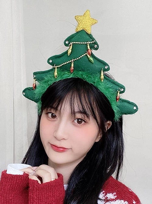 Green Christmas Tree Stars Lights Decor Plush Cute Classic Lolita Headband  |  Lolita Headbands