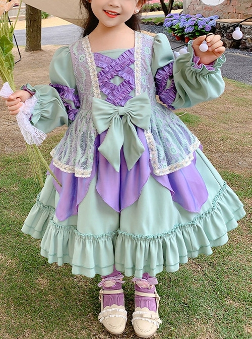 Green Purple Stitching Sweet Lolita Lace Petal Design Hem Kids Long Sleeve Dress  |  Kids Dresses